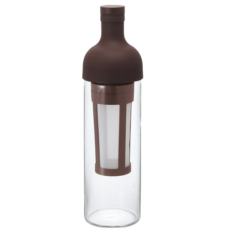 Hario Filter-In Coldbrew Bottle, hitzebeständiges Glas, Silikonverschluss, integrierter Filter, dunkel braun
