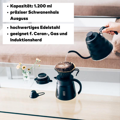 Hario V60 Buono Kettle, Kapazität 1200ml, Schwanenhals Ausguss, hochwertiges Edelstahl, geeignet für Ceran-, Gas- und Induktionsherd