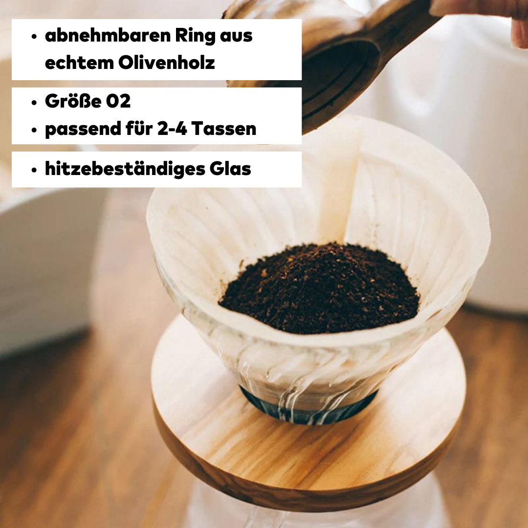 Hario V60, 02, Dripper mit Olivenholzring abnehmbar und Glasfilter, 2-4 Tassen