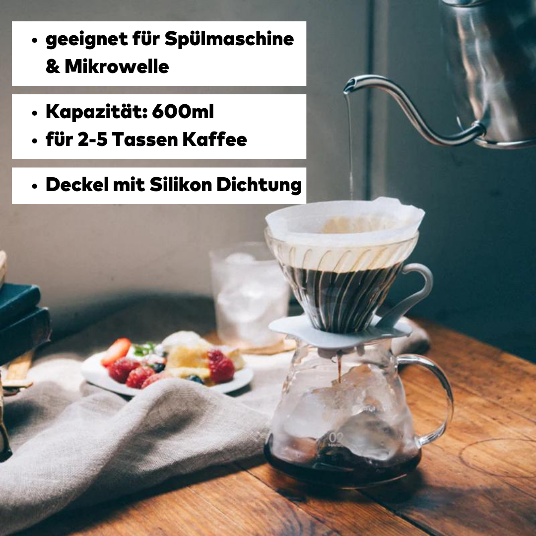 Hario V60 Pour-Over Server, 600ml, 2-4 Tassen, Deckel mit Silikondichtung, spülmaschinenfest