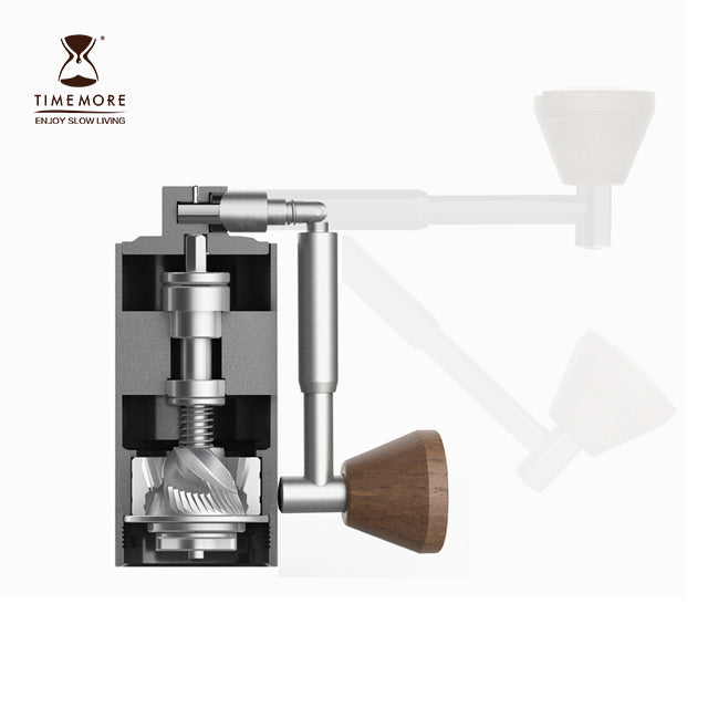 Timemore Nano manuelle Kaffeemühle, mit einklappbarer Kurbel und Holzknauf, Querschnitt in der Nahaufnahme