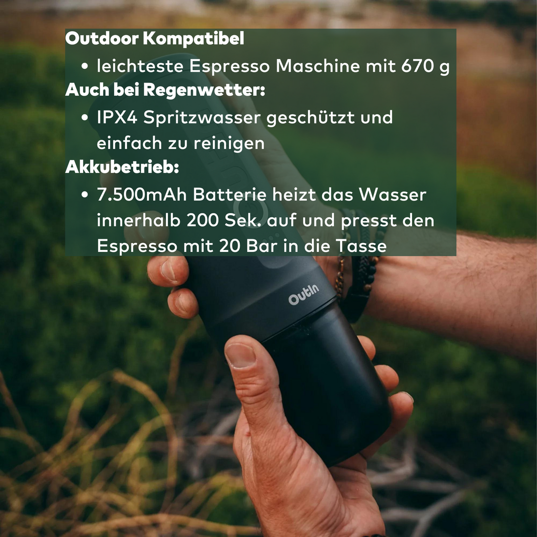 Outin Nano portable Espressomaschine mit Aufzählung der Spezifikationen