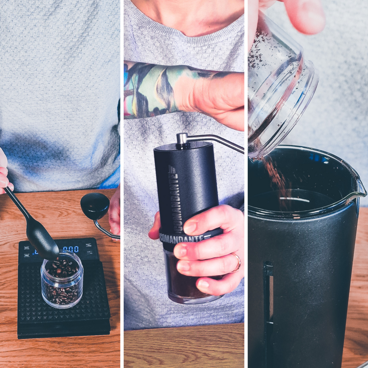 French Press Zubereitung Abfolge, 3 Schritte: Kaffeebohnen wiegen, Kaffeebohnen mahlen, Kaffeepulver in die French Press Kanne einfüllen