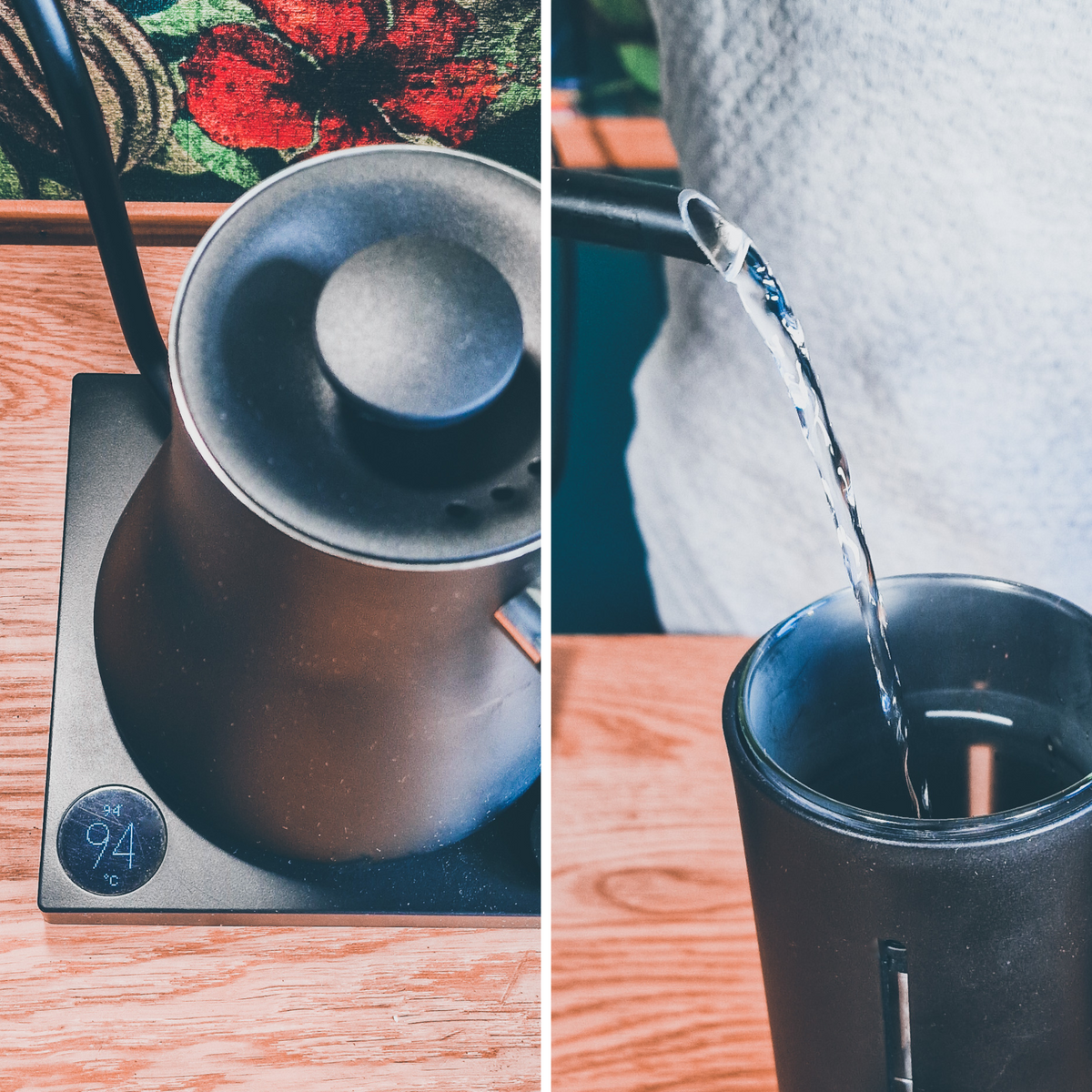 French Press Zubereitung: Abfolge. Wasser erhitzen, Wasser in die Kanne einfüllen