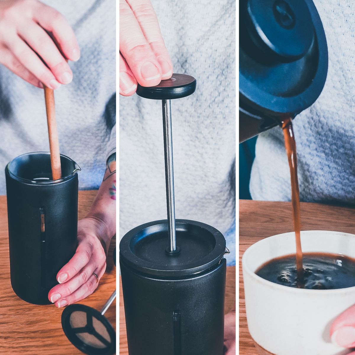 French Press Zubereitung Abfolge in 3 Schritten