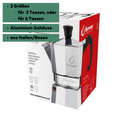 Forever Miss Moka Prestige Aluminium, Mokakanne,  2 Größen, für 3 oder 6 Tassen