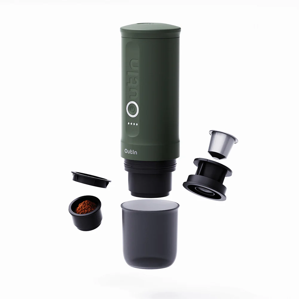 portable Espressomaschine OutIn Nano, Farbe: forest-green (waldgrün), Packungsinhalt: Filterkorb für einen einfachen Espresso, Kapsel Adapter, Trinkbecher