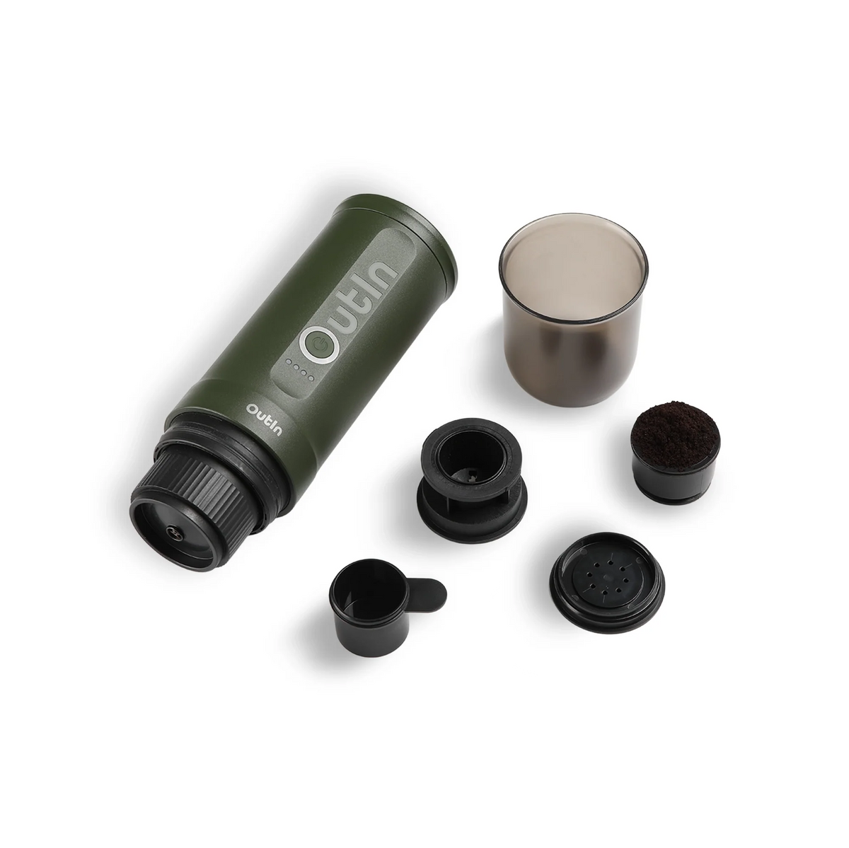 Portable Espressomaschine OutIn Nano, Packungsinhalt: Kapsel Adapter, Filterkorb für einen einfachen Espresso und ein Messlöffel und ein Trinkbecher