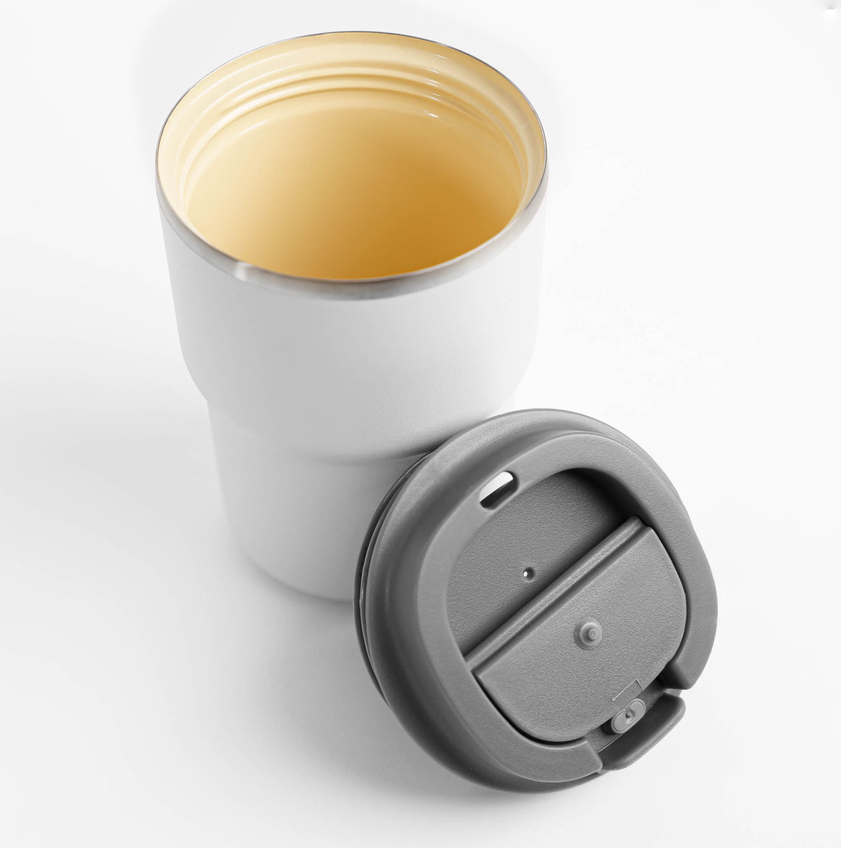 Kaffeebecher to-go, Keramikbeschichtet, Vakuumisoliert, 340ml, doppelwandig, mit abnehmbarem Deckel, auslaufsicher, weiß